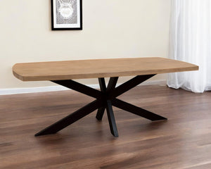 HomeRoots 82" Rustic Two-Tone Solid Wood and Black Iron Pedestal Dining Table for Modern Gatherings and Style 563914