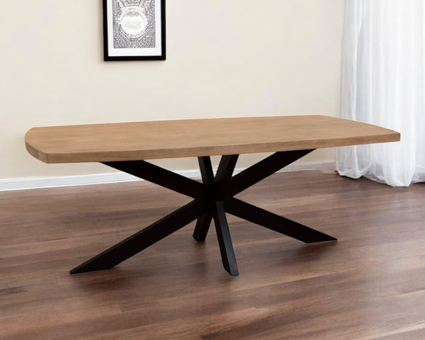 HomeRoots 82" Rustic Two-Tone Solid Wood and Black Iron Pedestal Dining Table for Modern Gatherings and Style 563914