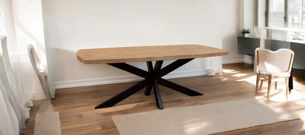 Homeroots 82" Natural And Black Solid Wood And Iron Pedestal Base Dining Table   563914