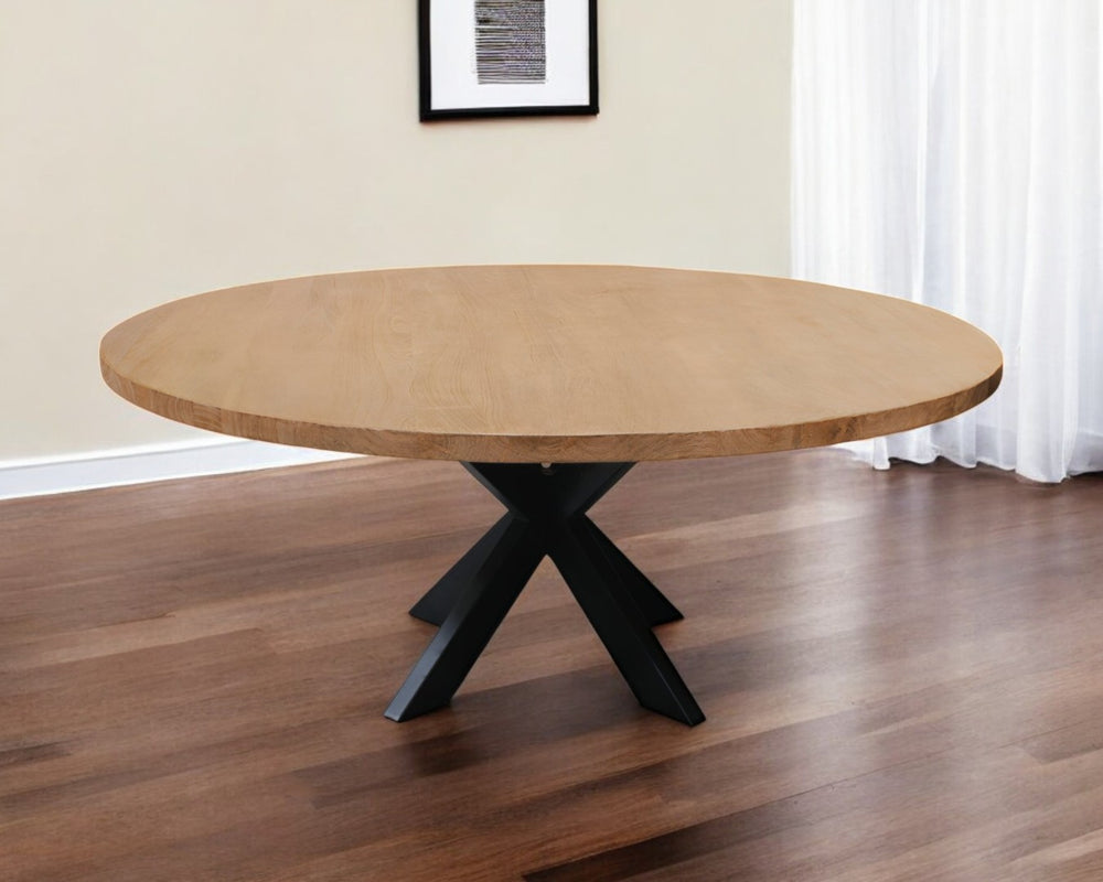 HomeRoots 72" Natural and Black Round Solid Wood Dining Table with Iron Pedestal for Modern Rustic Style 563915