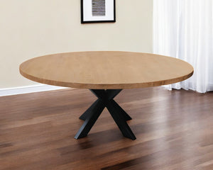HomeRoots 72" Natural and Black Round Solid Wood Dining Table with Iron Pedestal for Modern Rustic Style 563915