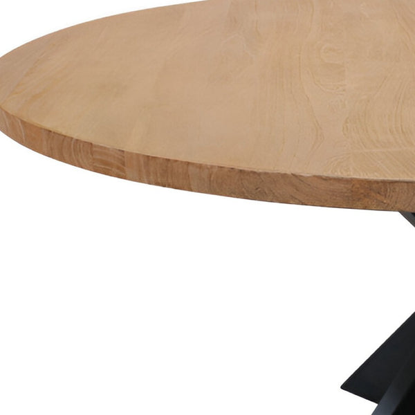 HomeRoots 72" Natural and Black Round Solid Wood Dining Table with Iron Pedestal for Modern Rustic Style 563915