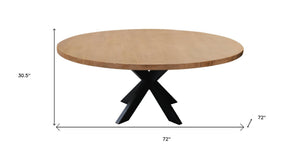 HomeRoots 72" Natural and Black Round Solid Wood Dining Table with Iron Pedestal for Modern Rustic Style 563915
