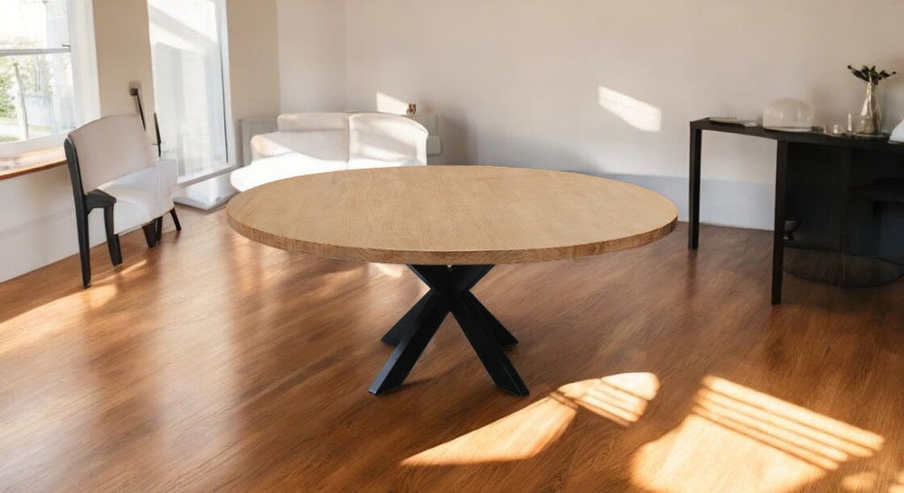 Homeroots 72" Natural And Black Rounded Solid Wood And Iron Pedestal Base Dining Table   563915