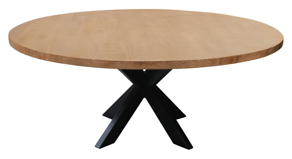 HomeRoots 72" Natural and Black Round Solid Wood Dining Table with Iron Pedestal for Modern Rustic Style 563915