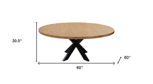 Homeroots 60" Natural And Black Rounded Solid Wood And Iron Pedestal Base Dining Table   563916