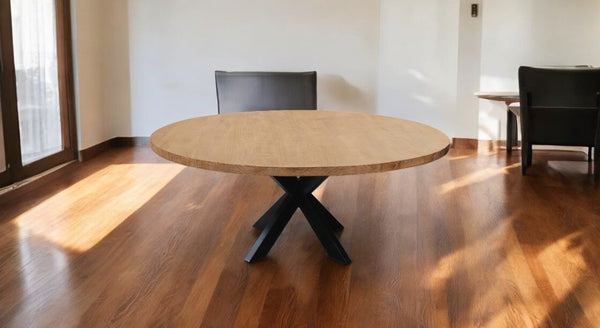 Homeroots 60" Natural And Black Rounded Solid Wood And Iron Pedestal Base Dining Table   563916