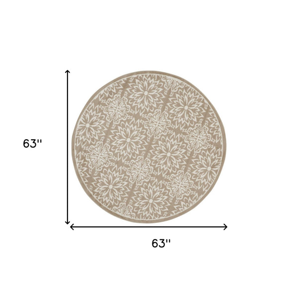 Homeroots 5' Taupe And Ivory Floral Non Skid Round Rug  Polypropylene 563936