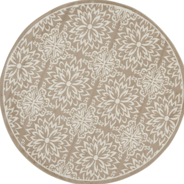 Homeroots 5' Taupe And Ivory Floral Non Skid Round Rug  Polypropylene 563936
