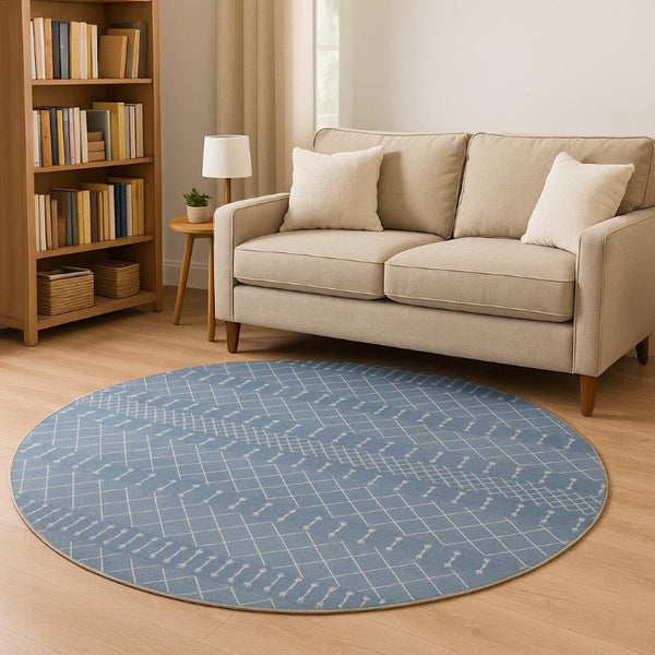 8 Foot Round Geometric Polyester Rug in Blue Ivory for Modern Living Spaces