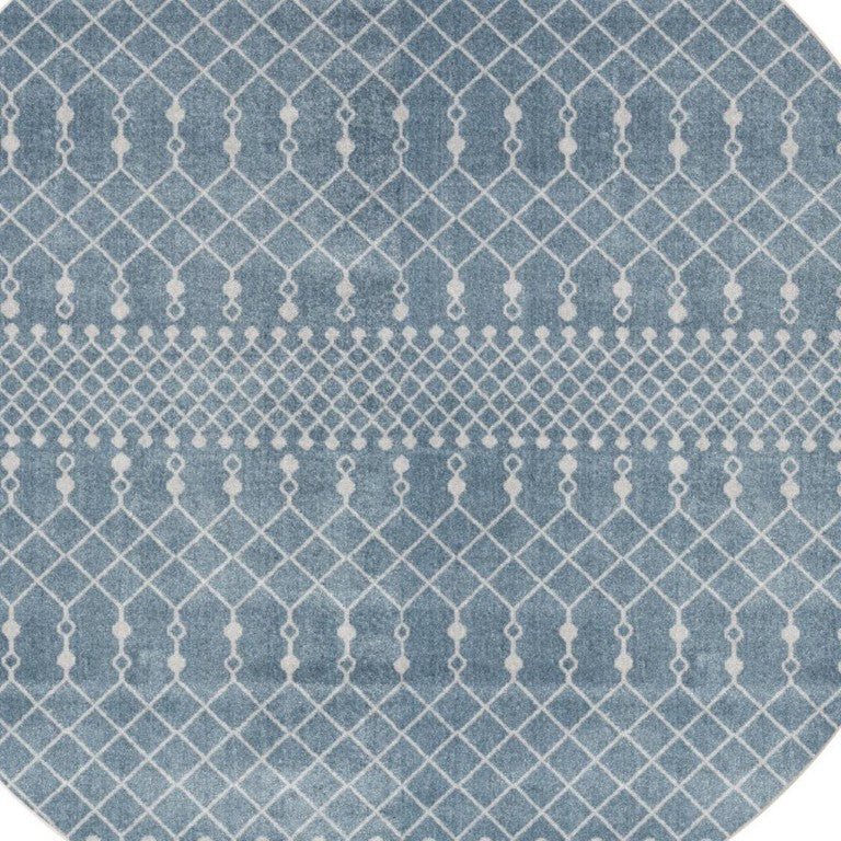 8 Foot Round Geometric Polyester Rug in Blue Ivory for Modern Living Spaces