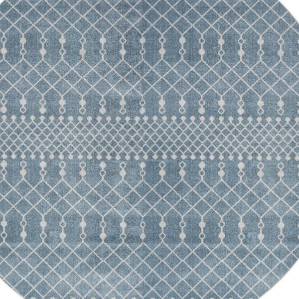 8 Foot Round Geometric Polyester Rug in Blue Ivory for Modern Living Spaces