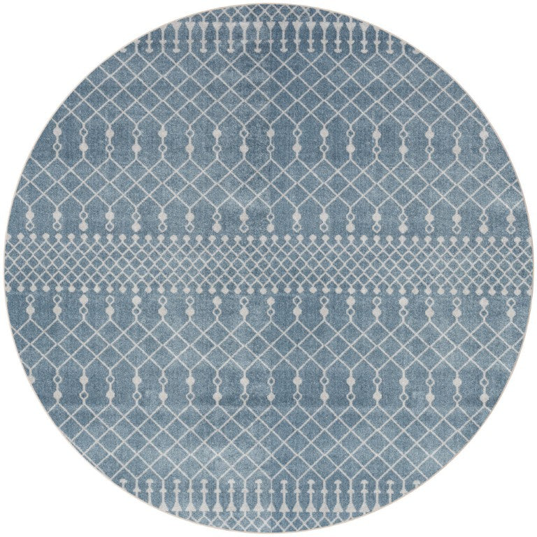 8 Foot Round Geometric Polyester Rug in Blue Ivory for Modern Living Spaces