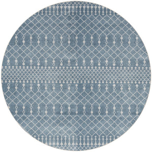 8 Foot Round Geometric Polyester Rug in Blue Ivory for Modern Living Spaces