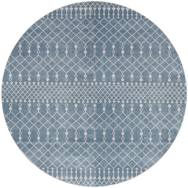 8 Foot Round Geometric Polyester Rug in Blue Ivory for Modern Living Spaces