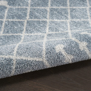 8 Foot Round Geometric Polyester Rug in Blue Ivory for Modern Living Spaces