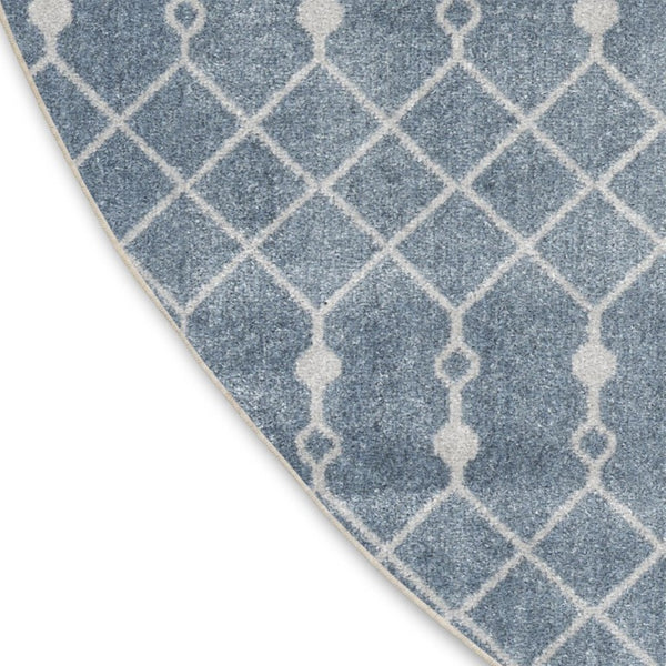 8 Foot Round Geometric Polyester Rug in Blue Ivory for Modern Living Spaces