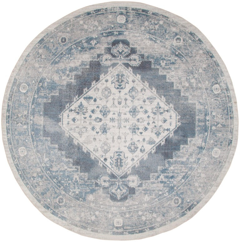 HomeRoots 8 Ft Round Oriental Distressed Polyester Area Rug in Blue for Living Rooms 563999