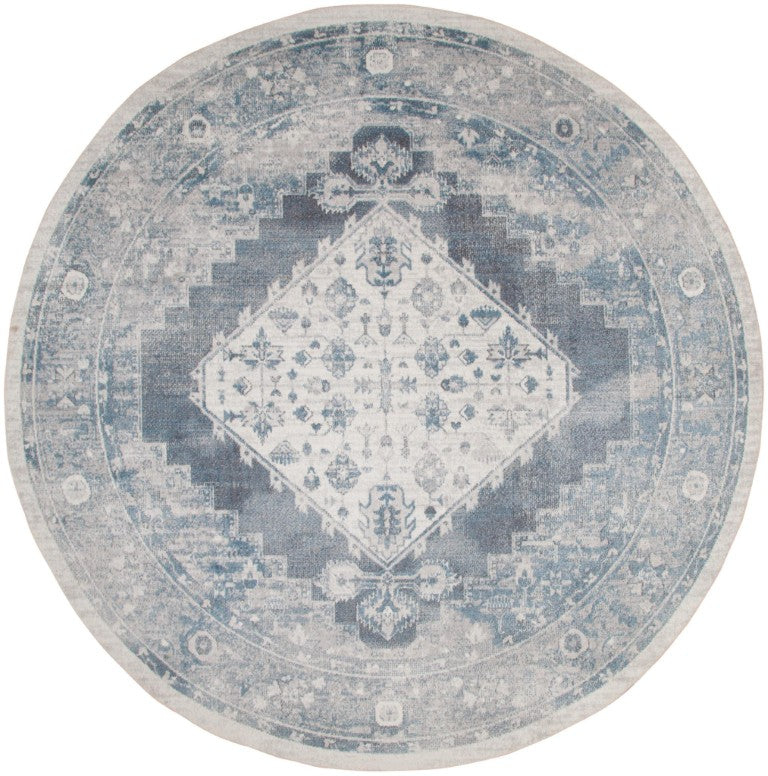 HomeRoots 8 Ft Round Oriental Distressed Polyester Area Rug in Blue for Living Rooms 563999