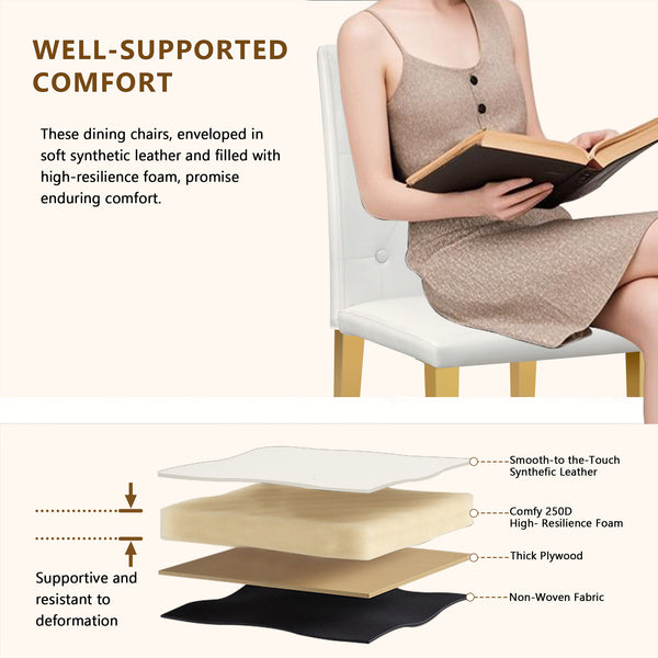 English Elm 4-pack PU dining chairs with ergonomic buckle backrest, high-density sponge seat, gold metal legs elegant luxury White+Gold W1151P295709
