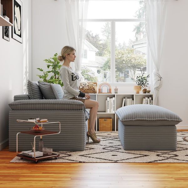 English Elm 47.25" Oversized Chaise Lounge with Ottoman Antique Grey White Corduroy, Plush Pillows, No Assembly T3936P390323