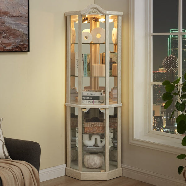 English Elm Glass Corner Curio Cabinet Lighted Dark Wood Display with Carved Crown Floral Detail White W2275P292644