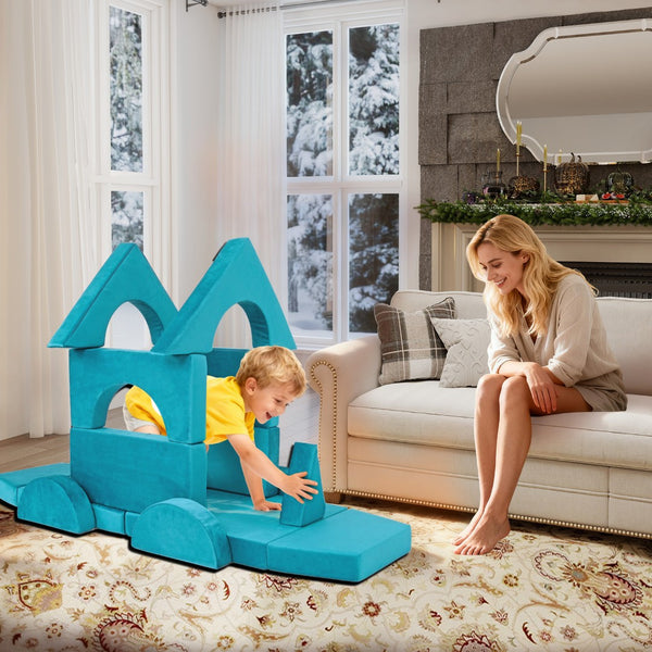 English Elm 15pcs Modular Toddler Play Couch Set Velvet Foam Fort Building Playroom Seating Cyan T5880P493416