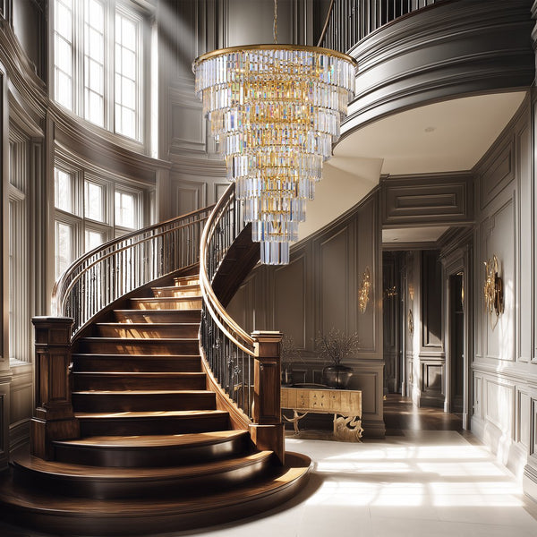 English Elm 48-Inch Gold Tiered Crystal Chandelier — 45-Light E12, 580 Crystal Rods, Mirror Finish, Dramatic Foyer Statement W2869S00030
