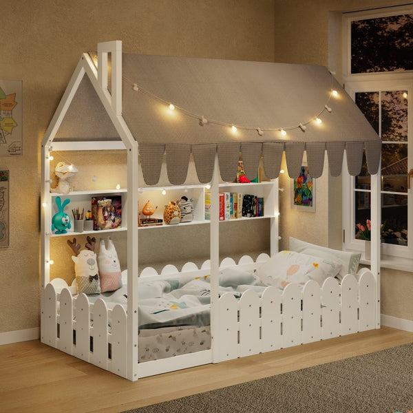 English Elm {slats Are Not Included} Twin Montessori House Floor Bed Kids Tent Lights Shelves Pinewood Frame White N708P407962K
