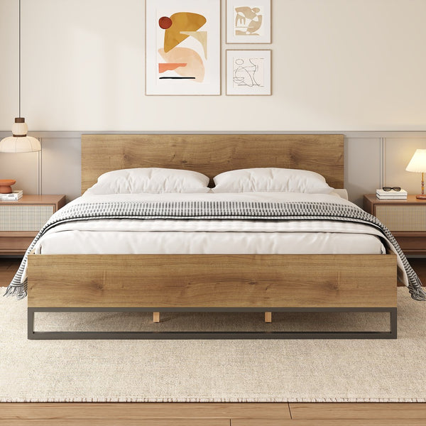 English Elm Christopher Knight Home® - Engineered Wood King Bed Frame - Modern Two-Tone Design With Natural Grain & Black Accents, Easy Assembly N770P283032N_N770P283033N