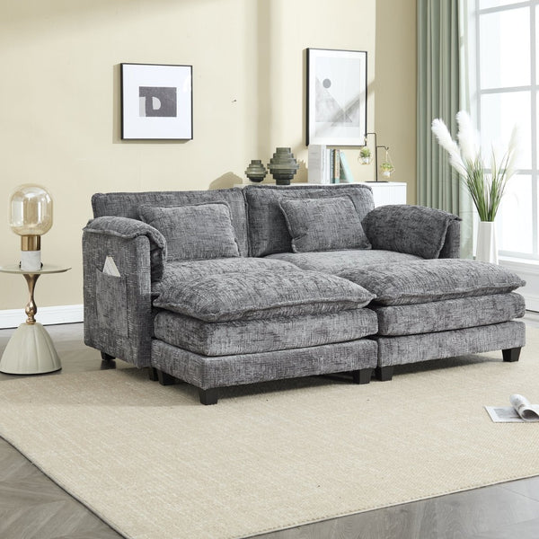 English Elm United Cozy Two-Seat Sofa With Chenille Fabric, Detachable Armrests, Footstools & Side Pockets W1568S00142-GIGA