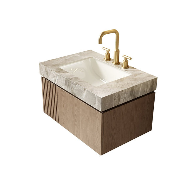 English Elm Muri Floating Bathroom Vanity Plywood Cabinet Sintered Stone Top Woodgrain Finish W2615S00602