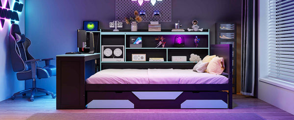 English Elm Full Size Gaming Bed Frame with Desk Led Lights Storage Drawers and Charging Station Black+Blue LP000289AAC