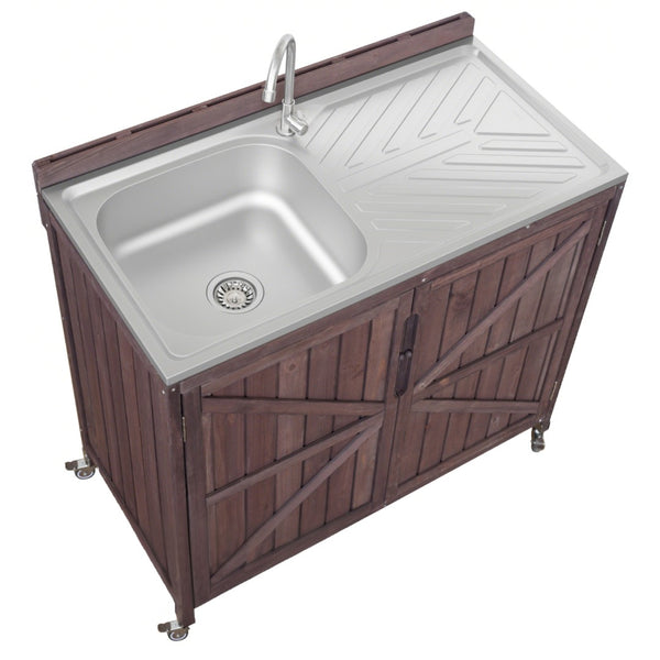 English Elm K&k Outdoor Prep Station Stainless Steel Top Fir Wood Cabinet with Drawer and Wheels N707P370281Z