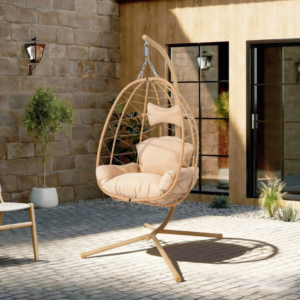 English Elm Hanging Egg Swing Chair Pe Wicker Stand Outdoor Patio Ergonomic Cushioned Seat T5880P497564