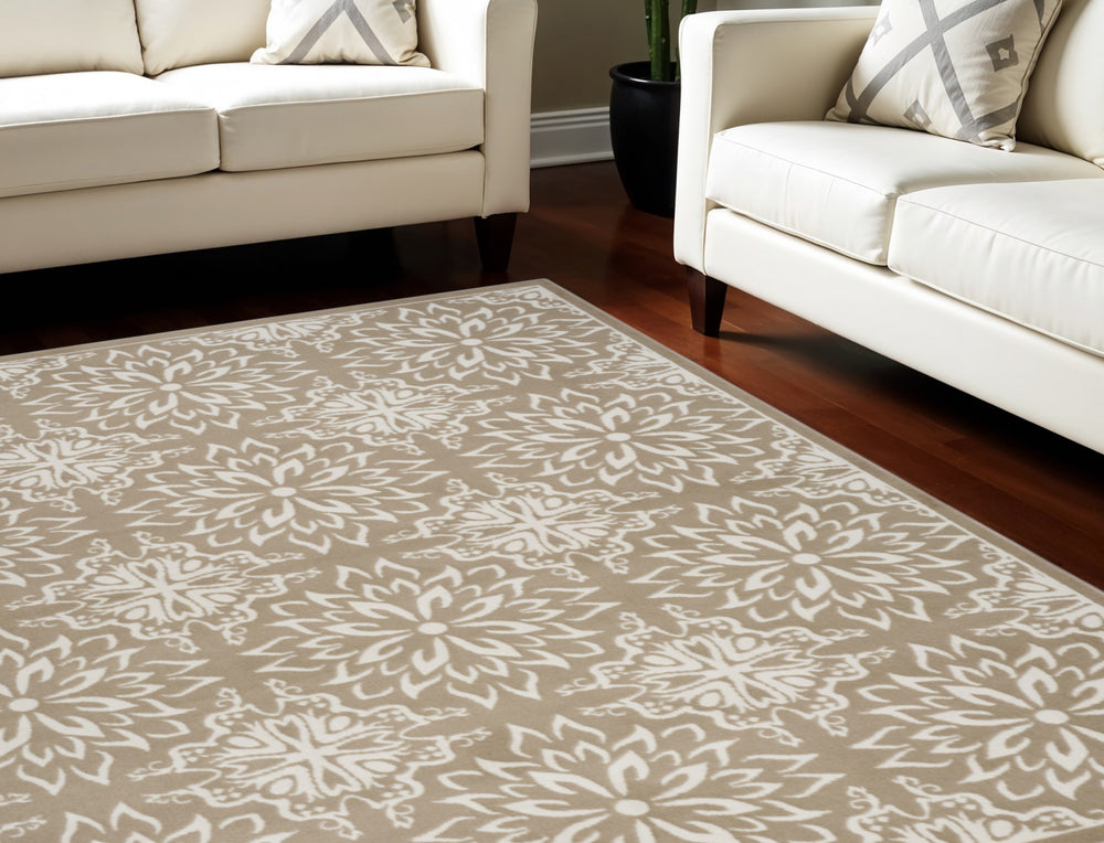 Homeroots 7' X 10' Taupe And Ivory Floral Non Skid Area Rug  Polypropylene 564047
