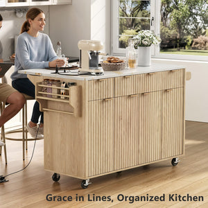 English Elm K&k Fluted Rolling Kitchen Island Faux Marble Top Power Outlet Storage Drawers Natural N707P353945Y