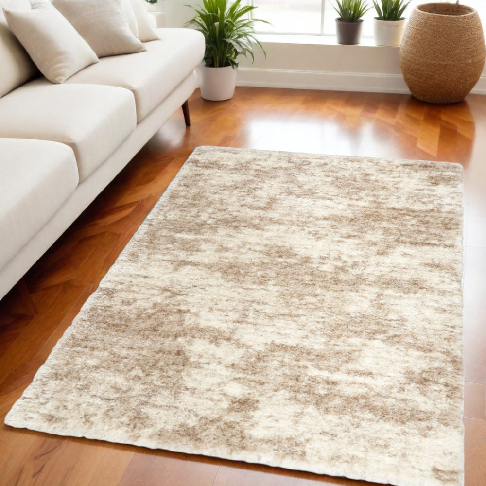HomeRoots 4' Plush Beige and Ivory Abstract Shag Area Rug – Modern Texture for Homes with Kids and Pets 5' X 7' 564079