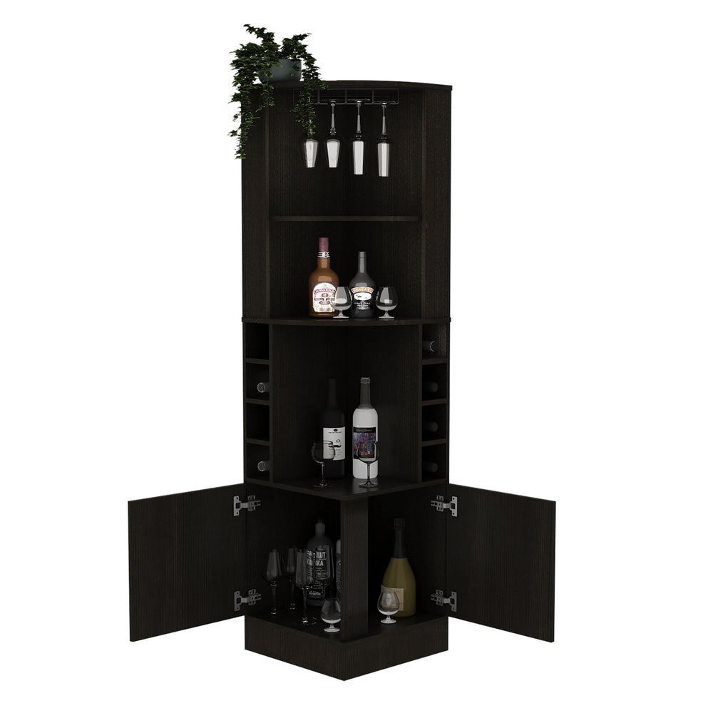 English Elm Corner Bar Cabinet 71" H - Sleek Black Design With 12-Glass Rack, 8 Bottle Racks, And Storage Drawer B097132993