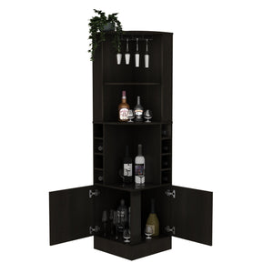 English Elm Corner Bar Cabinet 71" H - Sleek Black Design With 12-Glass Rack, 8 Bottle Racks, And Storage Drawer B097132993