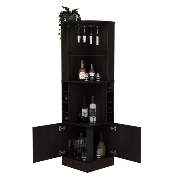 English Elm Corner Bar Cabinet 71" H - Sleek Black Design With 12-Glass Rack, 8 Bottle Racks, And Storage Drawer B097132993