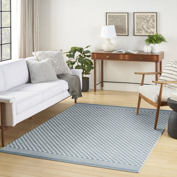 HomeRoots 7' Elevate Your Space with a Modern Blue Geometric Area Rug - Perfect for High-Traffic Living Areas 7' X 9' 564093