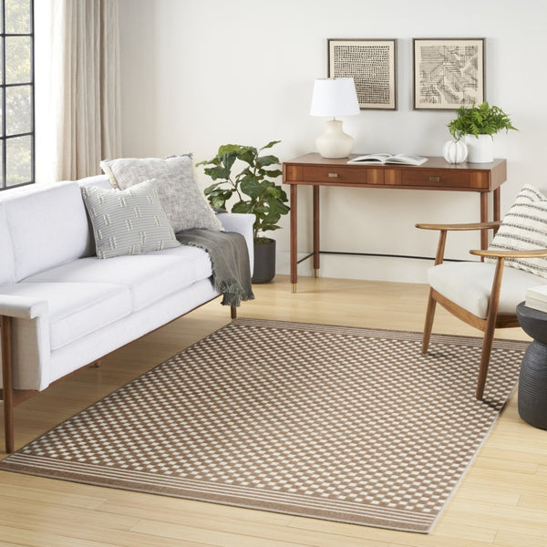 HomeRoots 7' Brown Geometric Area Rug - Stylish, Durable, Low-Pile Design for Living Rooms & High-Traffic Areas 7' X 9' 564096