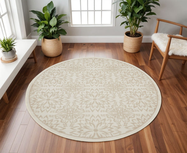 HomeRoots 8' Elegant Beige and Ivory Floral Non-Skid Rug - Durable, Stain-Resistant, Perfect for Family Spaces 8' Round 564129