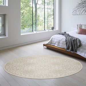 HomeRoots 8' Elegant Beige and Ivory Floral Non-Skid Rug - Durable, Stain-Resistant, Perfect for Family Spaces 8' Round 564129