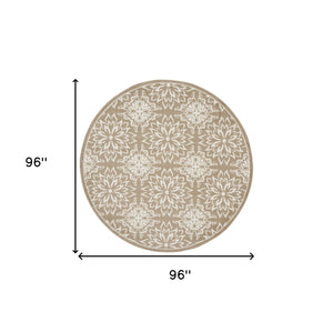 Homeroots 8' Taupe And Ivory Floral Non Skid Round Rug  Polypropylene 564130