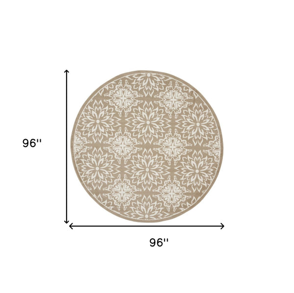 Homeroots 8' Taupe And Ivory Floral Non Skid Round Rug  Polypropylene 564130