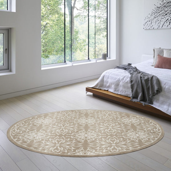 HomeRoots 8' Taupe and Ivory Floral Non-Skid Rug - Timeless Charm for Easy-Care Living Spaces and Style 8' Round 564130