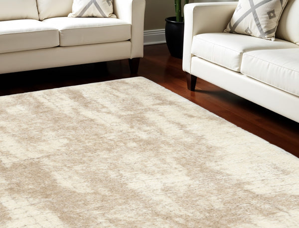HomeRoots 4' Plush Beige and Ivory Abstract Shag Area Rug - Soft, Durable, and Stylish for Any Room Decor 8' X 10' 564148
