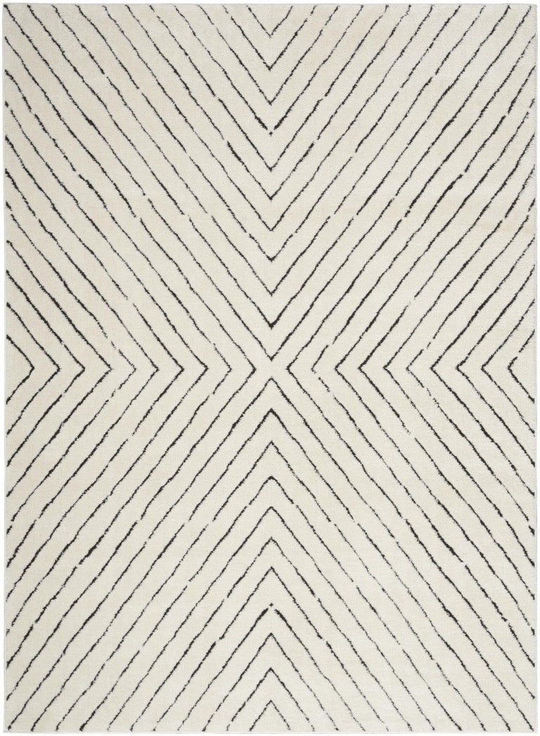 HomeRoots White Geometric Polyester Area Rug Power Loomed for Modern Living and Dining Room Decor 7' x 9' 564156